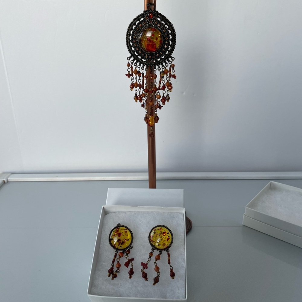 Amber Colored Medallion Earrings and Pendant Set